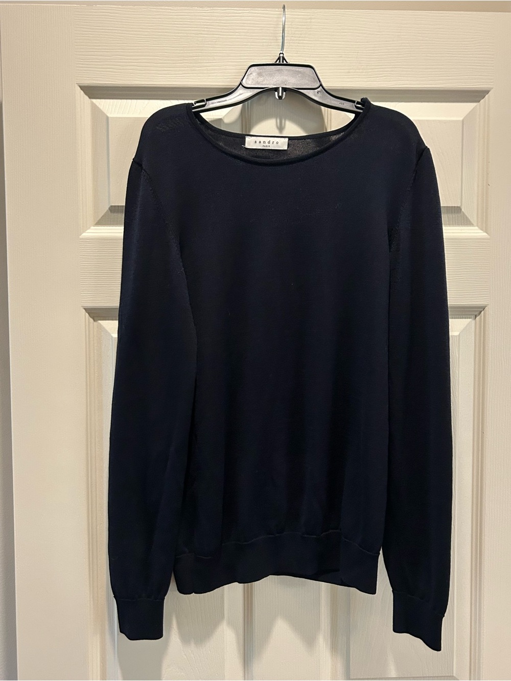 Sandro Women's Navy Crew Neck Sweater with Zipper Detail on Shoulder